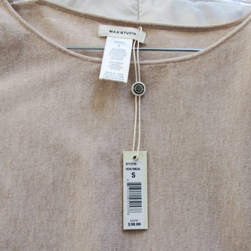 MAX STUDIO Dolman Long Sleeve Knit With Ruched Tie Sleeves in Oat Brown-S - Picture 2 of 10